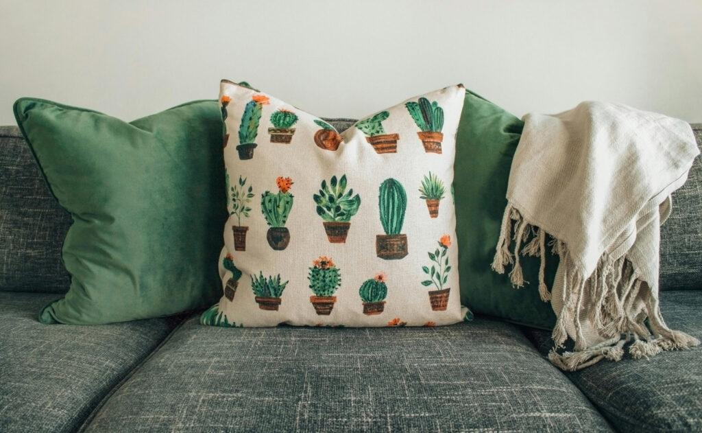Cactus pillow on green couch(Couch)